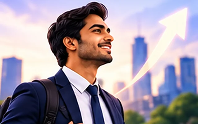 A young professional looking out at a city skyline