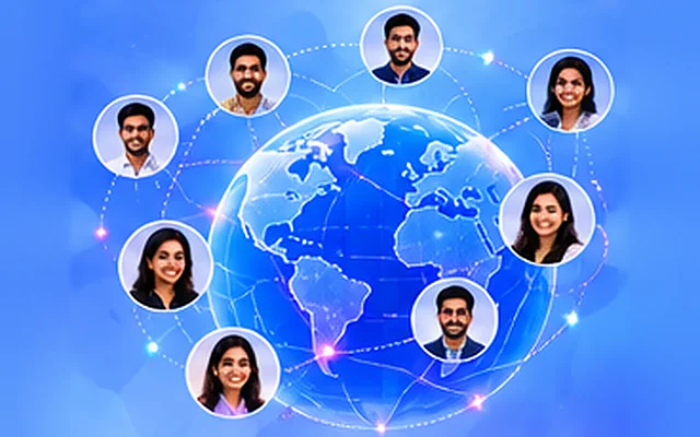 A globe connecting portraits of andorp learners from different countries