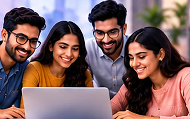 A group of students learning together at a laptop