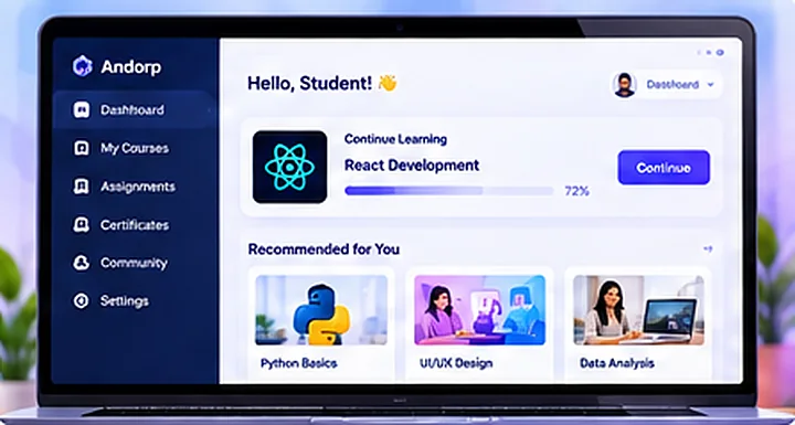 The andorp learner dashboard showing courses in progress